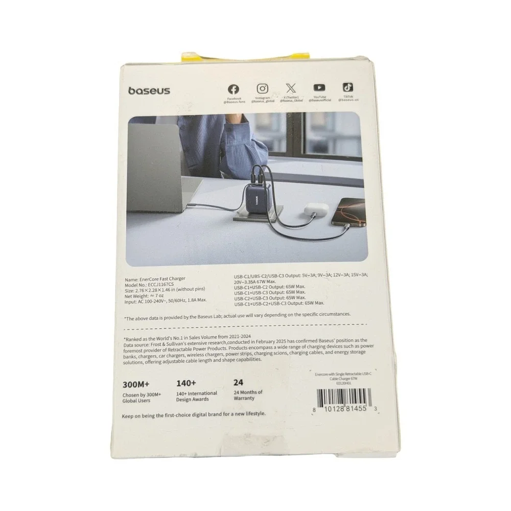 Pp7U Baseus Enercore w/ Single Retractable USB-C Cable Charger 67W Black Read ⬇️